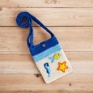 Ocean Theme Kids Crochet Bag – Handmade Lined Cotton Purse with Fish, Seahorse & Starfish Appliqué