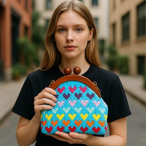 Crochet Vintage Kiss Lock Clutch with Wooden Handle, Crochet Crossbody Pouch, Retro Handbag, Crochet Clasp Purse