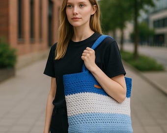 Bolsa de algodón y macramé tejida a mano: Bolsa de mercado de crochet azul