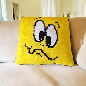 Handmade Crochet Emoji Pillow Cover, Crochet Yellow Cushion Cover, Decorative Cute Pillowcase, Unique Hand Knitted Pillow, Fun Home Decor