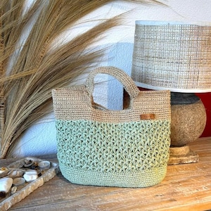 Borsa tote all'uncinetto fatta a mano / Borsa in filato di carta verde con punto stella / Borsa boho foderata in cotone / Chiusura magnetica / Regalo ecologico per lei