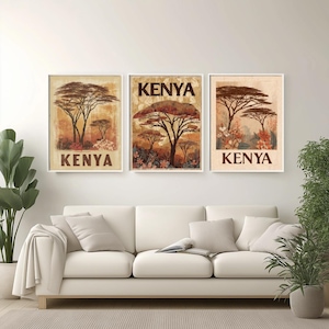 Kenya Travel Poster: Boho African Savannah Art, Earthy Tones