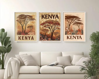 Póster de viaje a Kenia: Arte bohemio de la sabana africana en tonos tierra