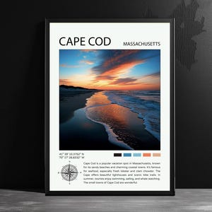Póster de viaje de Cape Cod, Massachusetts, decoración de pared con ilustración del océano Atlántico de Cape Cod, regalo para habitación, impresión de viaje de Estados Unidos.