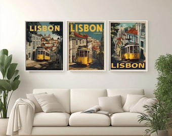 Cartel de viaje vintage de Lisboa Portugal, arte de pared retro del distrito de Alfama, impresión de tranvía portugués, decoración del hogar de Lisboa, idea de regalo de viaje de Portugal