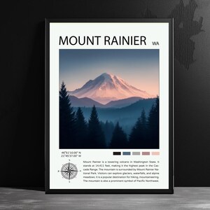 Poster de voyage Mount Rainier - Art mural généré par l'IA - Impressions de destinations pittoresques - Décoration d'intérieur moderne - États-Unis