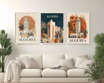 Póster de viaje de Argelia, diseño corporal, impresión de arte lineal moderno de África, decoración artística de Argel, regalo argelino, decoración bohemia del desierto del Sahara.
