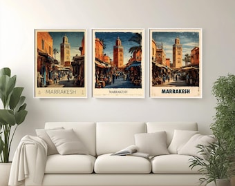 Marrakech Medina Morocco Poster Print, Retro Travel Wall Art, North Africa Decor, Vintage Souk Market Gift, Moroccan Art, Desert City