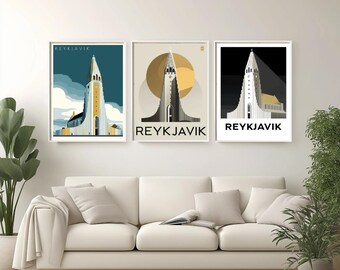Póster de viaje minimalista de Reikiavik, Islandia, con Hallgrímskirkja en un diseño moderno en negro, blanco y dorado, perfecto para decorar la pared del hogar o la oficina.