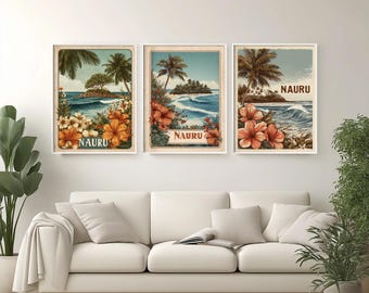 Póster de viaje a Nauru: Arte isleño bohemio con diseño de palmeras en tonos tierra