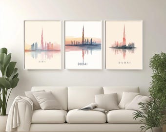 Póster de Dubái en acuarela: Horizonte del Burj Khalifa, arte urbano moderno