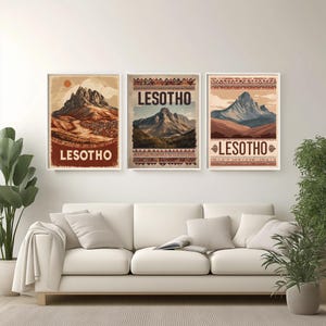 Lesotho Travel Poster: Boho African Mountain Art, Earthy Tones