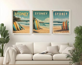 Póster de viaje vintage de las playas de Sídney (Australia), arte mural retro de Bondi Beach, impresión costera australiana, decoración del hogar de Sídney, regalo de surf australiano