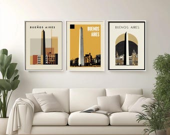 Póster de viaje minimalista de Buenos Aires, Argentina, con el Obelisco y La Boca en un diseño moderno y elegante, perfecto para decorar la pared del hogar o la oficina.