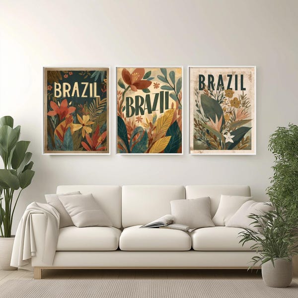 Póster de viaje bohemio de Brasil: arte mural tropical vintage