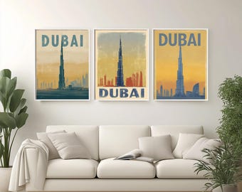 Póster de viaje de Dubái: Impresión artística retro del Burj Khalifa, colores desérticos vintage