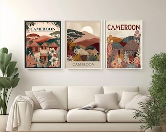 Póster de viaje a Camerún, diseño corporal, impresión de arte lineal moderno de África, decoración de pared de Yaundé, regalo de Camerún, decoración bohemia de selva para el hogar.