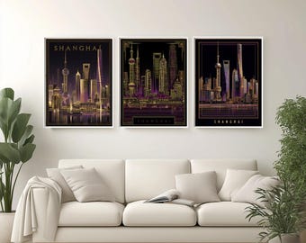 Póster Art Déco del Bund de Shanghái: horizonte futurista, arte mural chino de neón morado