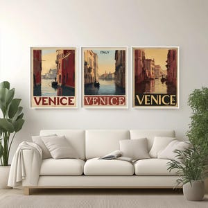 Venice Retro Travel Poster | Vintage Italy Wall Art With Gondola Canals | Faded Red & Gold | 1950s Style Poster | Romantic City Print