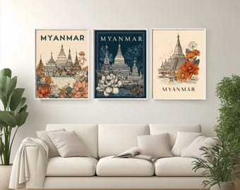 Póster de viaje de Myanmar, diseño corporal, impresión artística moderna de Birmania, decoración de pared asiática, regalo de Myanmar, decoración bohemia del hogar con templos de Bagan