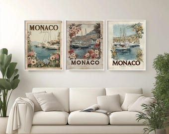 Póster de viaje a Mónaco: Arte bohemio mediterráneo costero en tonos tierra