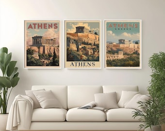 Póster de viaje vintage de la Acrópolis de Atenas, Grecia, arte mural retro del Partenón, impresión de las islas griegas, decoración del hogar de Atenas, regalo de viaje histórico de Grecia
