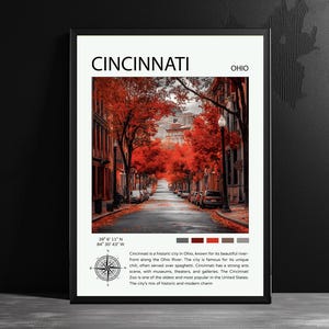 Cartaz de viagem da cidade de Cincinnati, Ohio, decoração, ilustração do condado de Hamilton, parede, decoração de quarto, Estados Unidos, impressão de viagem, presente