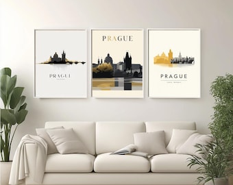 Póster de viaje a Praga: Puente de Carlos y Castillo - Arte moderno minimalista