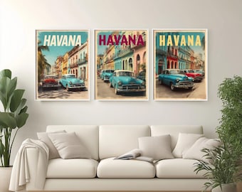 Póster de viaje vintage de La Habana, Cuba, arte mural retro de La Habana Vieja, impresión de coches clásicos cubanos, decoración del hogar de La Habana, póster de regalo de viaje a Cuba y el Caribe.