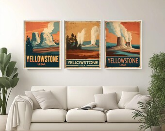 Póster de viaje retro del Parque Nacional de Yellowstone: arte mural de EE. UU.