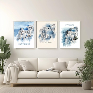 Santorini Greece Watercolor Poster: Oia Blue Domes, Aegean Sea Coastal Art