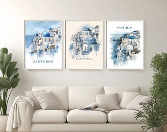 Póster de acuarela de Santorini, Grecia: Cúpulas azules de Oia, arte costero del mar Egeo