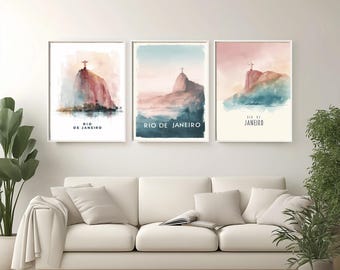 Póster de acuarela de Río de Janeiro: Cristo Redentor, arte turístico de Brasil