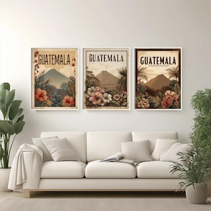 Boho Style Travel Poster Of Guatemala Featuring Volcano Silhouettes And Tropical Plants In Earthy Tones Perfect For Wall Art And Home Decor