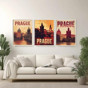 Retro Vintage Travel Poster Of Prague With Charles Bridge Skyline In Faded Reds And Yellows Perfect For Classic Wall Art European Home Decor