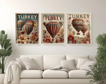 Póster de viaje a Turquía: Globos aerostáticos bohemios, arte de Capadocia