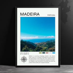 Madeira Portugal cartel de viaje decoración Madeira Funchal Océano Atlántico Ilustración pared regalo habitación decoración Portugal viaje impresión arte regalo