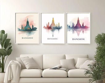 Póster de viaje de Bangkok en acuarela: Templo Wat Pho y pagodas doradas