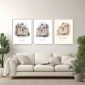 Minimalist Watercolor Rome Poster Trevi Fountain Italy Art Print, Soft Pastel Colors, Elegant Romantic Travel Wall Decor