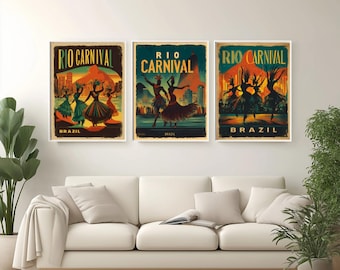 Póster de viaje vintage de Río de Janeiro, Brasil, arte mural retro del Pan de Azúcar, impresión del Carnaval de Brasil, decoración del hogar de Río, regalo de viaje a Brasil