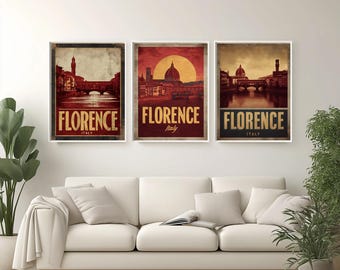 Póster de viaje a Florencia, Italia: Arte retro del Duomo y el Ponte Vecchio