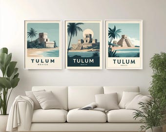 Plakat podróżniczy do Tulum w Meksyku: sztuka ruin Majów, styl nadmorski