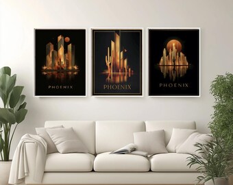 Póster de Phoenix, Arizona, arte del desierto de Arizona, impresión de ciudad de EE. UU., decoración de pared de viaje, diseño art déco