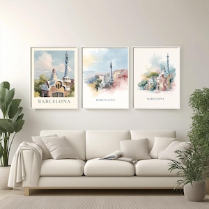 Minimalist Watercolor Barcelona Poster Park Güell Spain Gaudí Art Print, Soft Pastel Colors, Elegant Mediterranean Travel Wall Decor