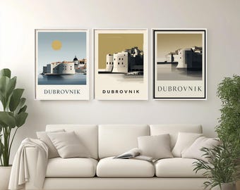 Póster de viaje de Dubrovnik, Croacia: Arte mural minimalista en blanco, negro y dorado