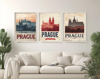 Vintage Prague Travel Poster: Sepia Prague Castle, Retro Czech Republic