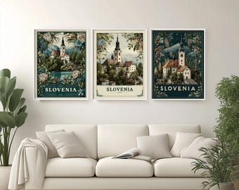 Póster de viaje de Eslovenia a Europa, impresión artística lineal, arte minimalista del lago Bled, regalo de Europa Central, decoración única para el hogar, arte de montaña, arte natural