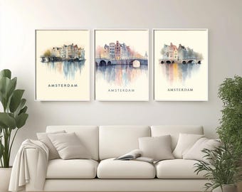 Póster de acuarela del anillo de canales de Ámsterdam: arte de viaje en tonos pastel de los Países Bajos