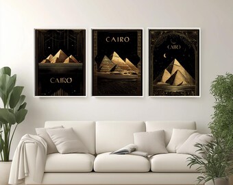 Póster Art Déco de las Pirámides de El Cairo: Arte mural egipcio del desierto dorado