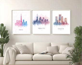 Póster de viaje en acuarela de Tokio Shinjuku: arte minimalista de neón en el horizonte